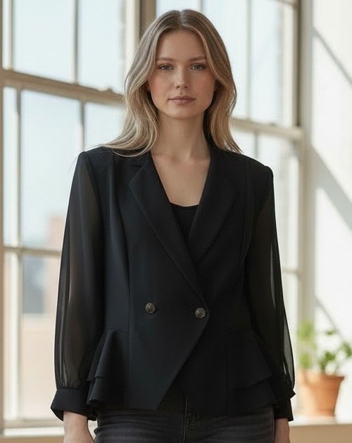 Vintage 90s Black Peplum Blazer Sheer Sleeve Minimalist Jacket