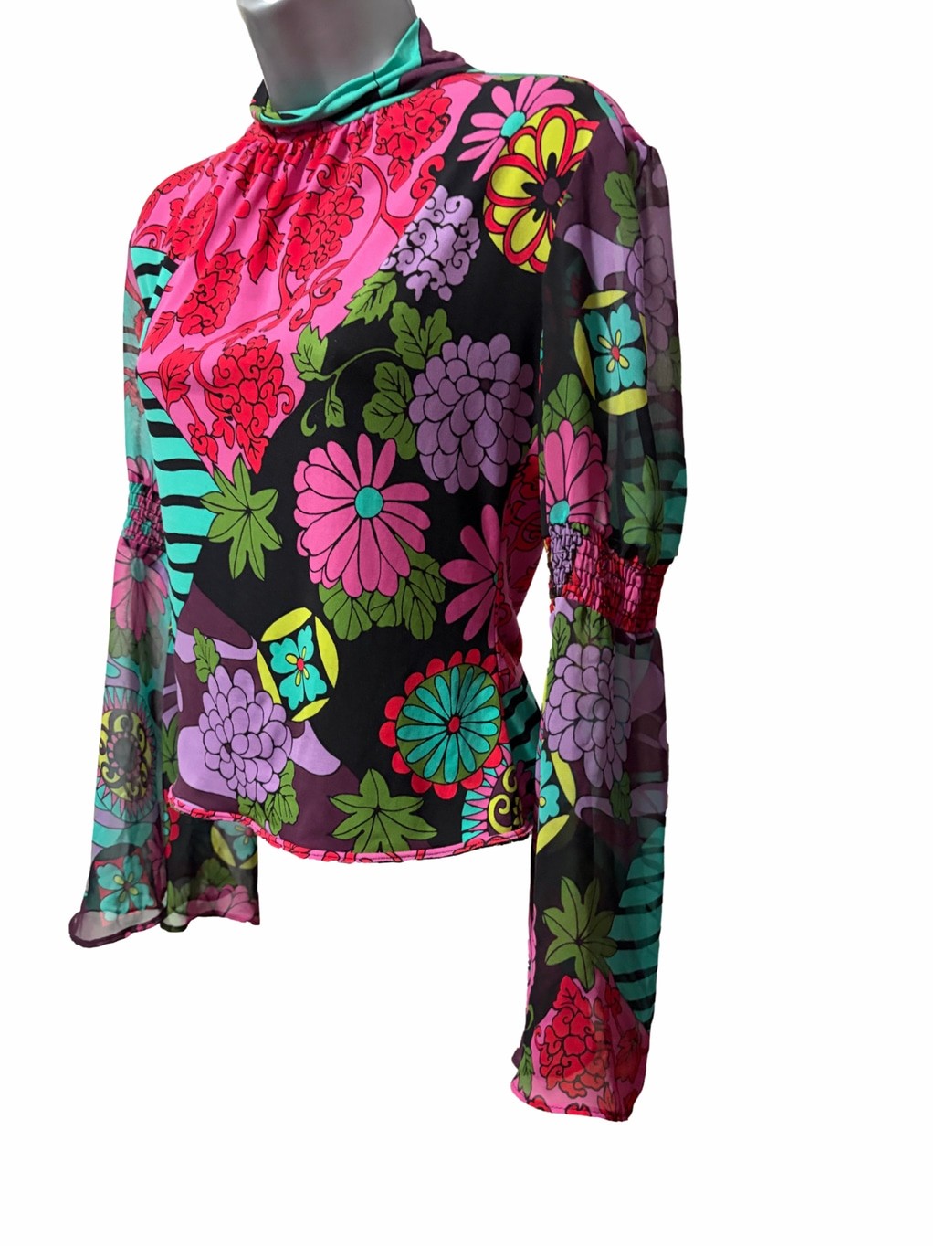 Bisou Bisou Michele Bohbot Mock Neck Blouse Bold Psychedelic Floral Print Medium
