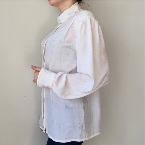Vintage 80s Messages White Semi Sheer Check Pattern Puff Sleeve Blouse 12