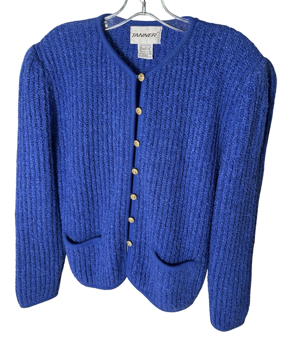 VTG TANNER Boucle Cardigan Sweater Size XL Royal Blue Gold Button Twee Hong Kong