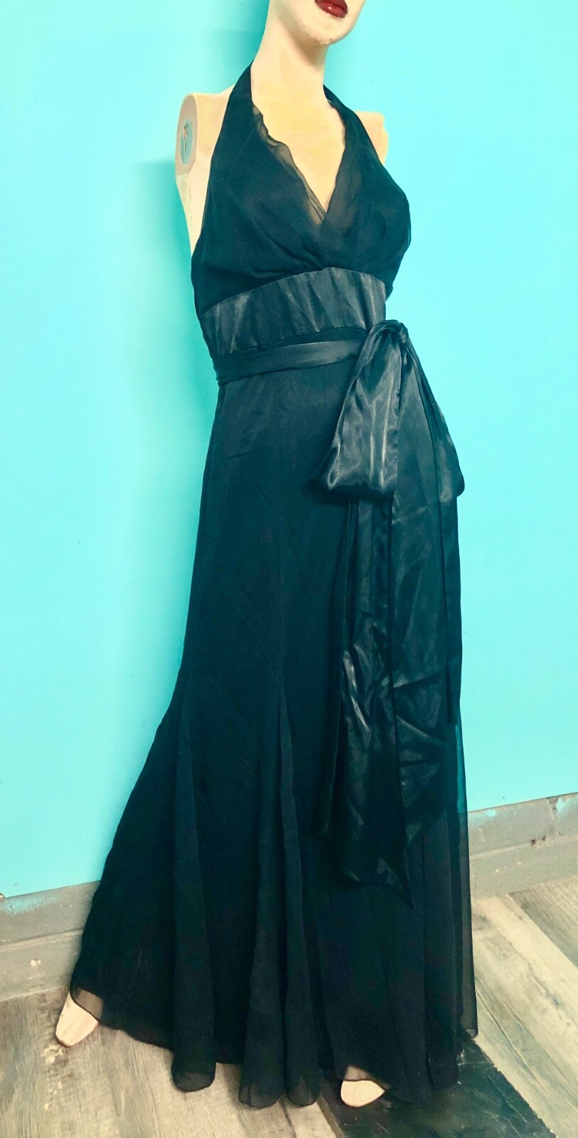 VTG Y2K WATTERS/WATTERS Black Halter Chiffon Satin Mermaid Evening Formal Gown~8