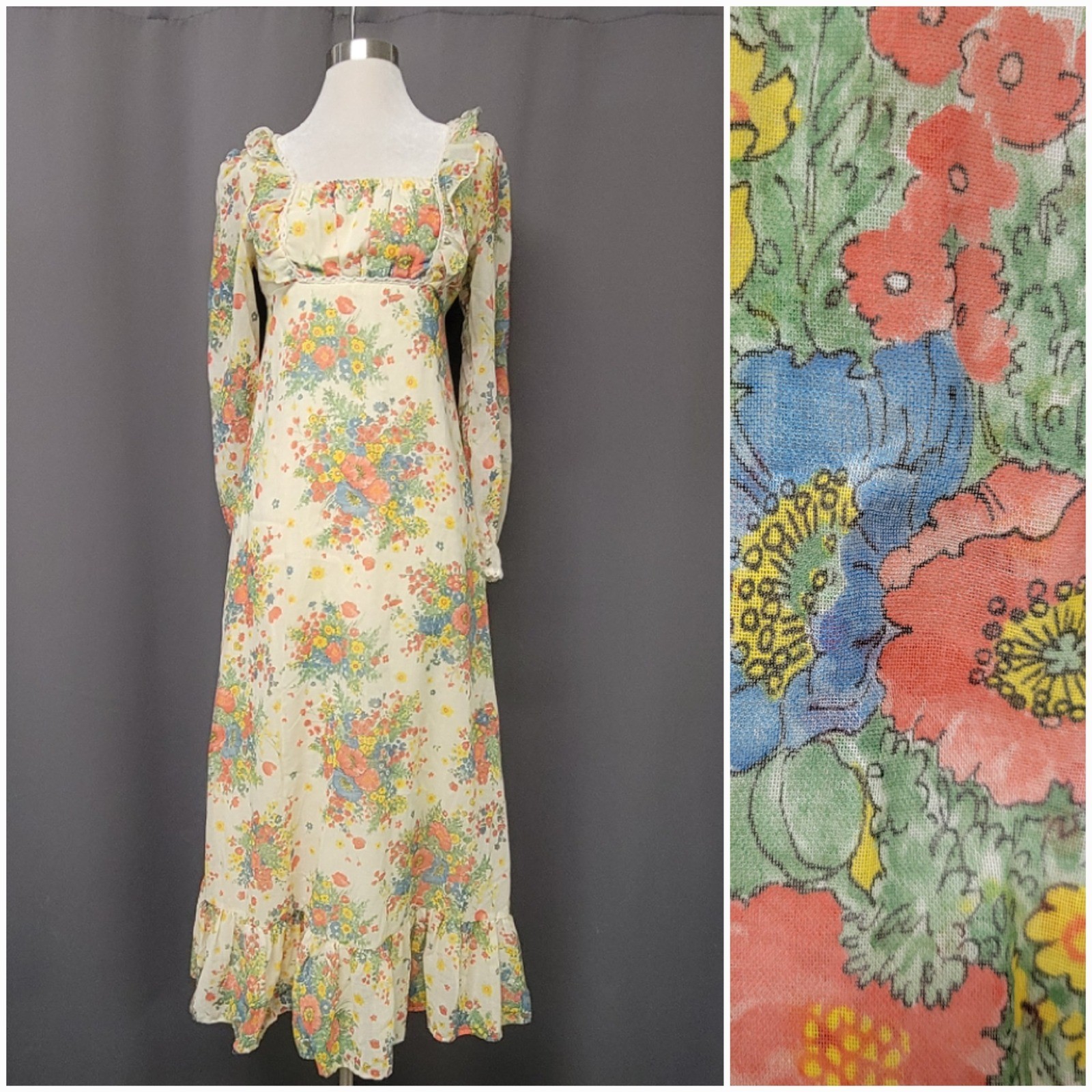 Vintage Empire Waist Maxi Dress Cream Floral Ruffle Open Back Lace Trim XS S