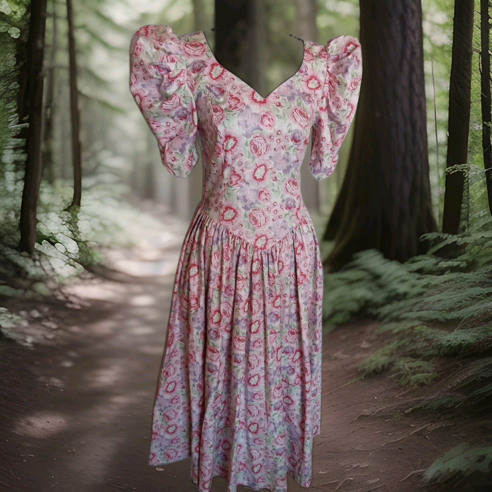 Vtg 1980s Laura Ashley Cottage-core Romantic Puff Sleeve Large Bow Tea Dress