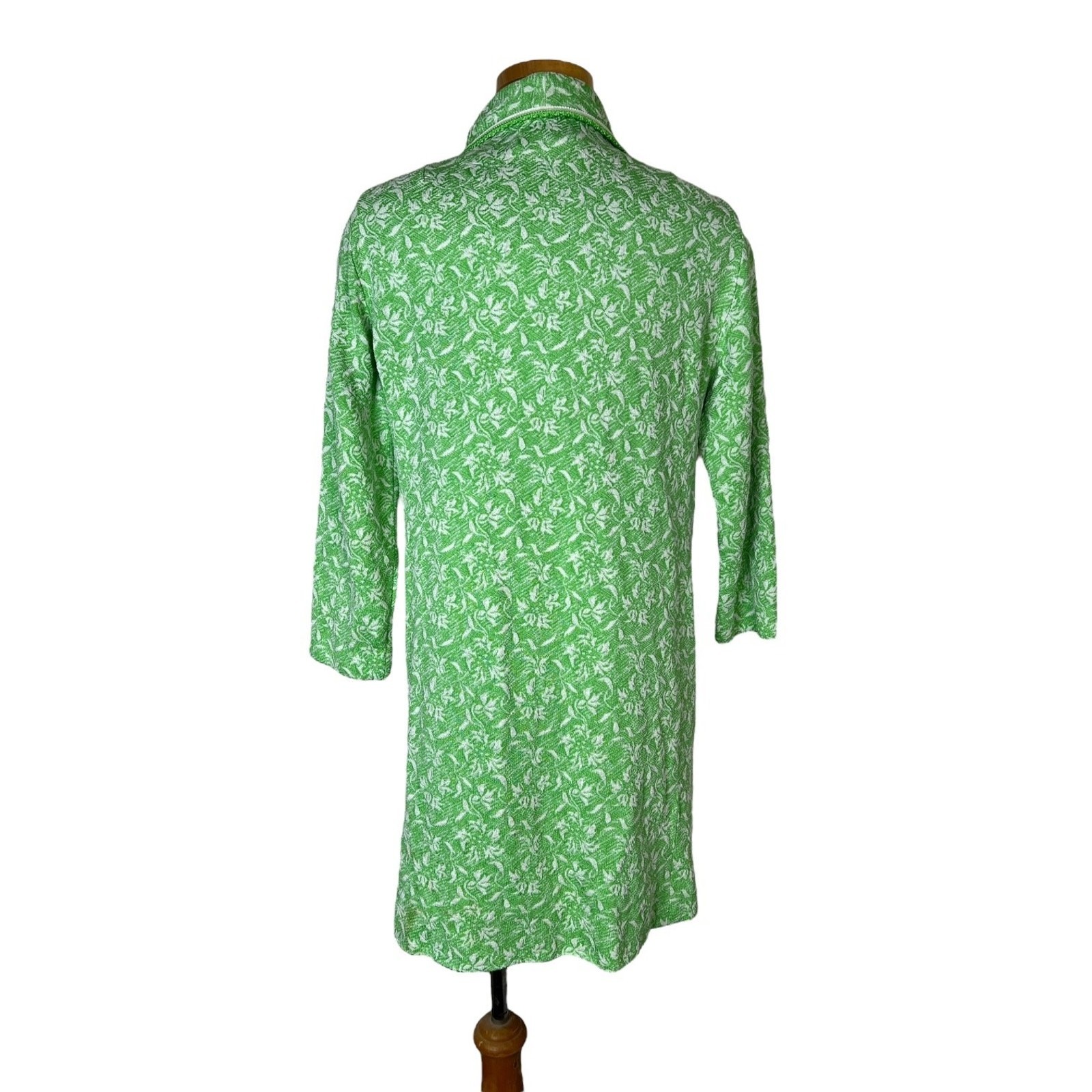 Vintage 60s Green Floral Jacquard Jacket 3/4 Sleeve Mid Century MCM Small 34