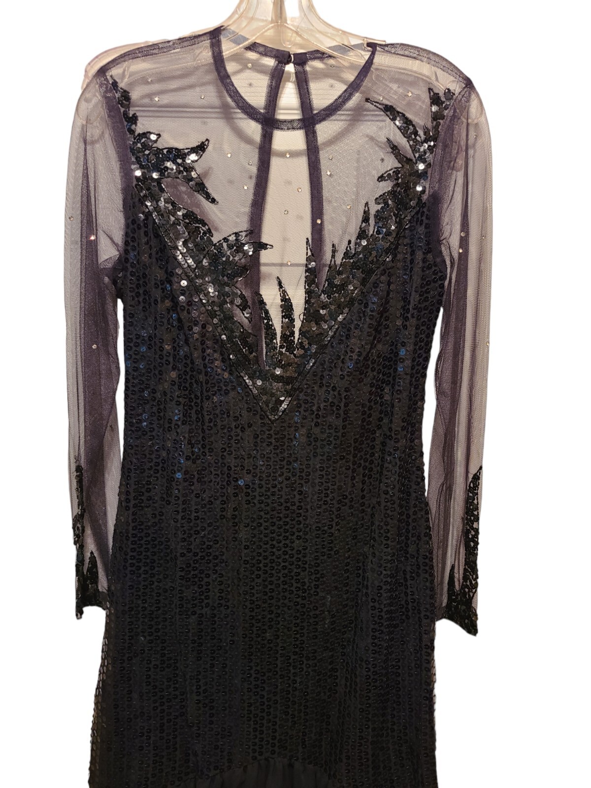 Sequined Evening Cocktail Dress Black With Chiffon Tier Skirt ILGWU USA Vintage