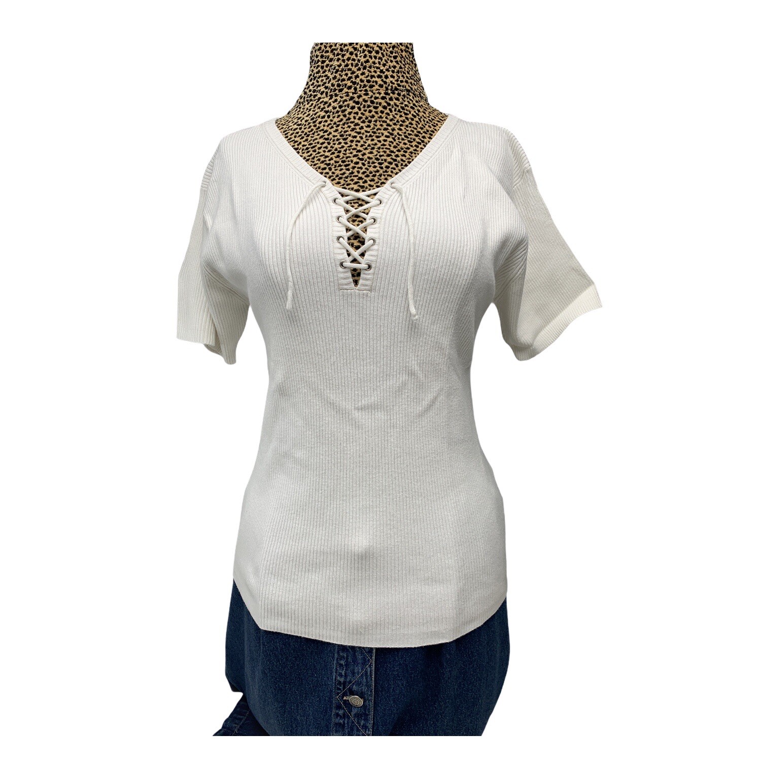 Vintage Gloria Vanderbilt Short Sleeve Shirt Medium White Womens Tie V-Neck Y2K