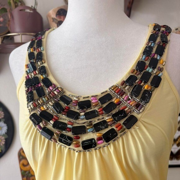 Vintage Y2K BCX Women’s S Party Tank Top Beaded Gemstones Butter Yellow