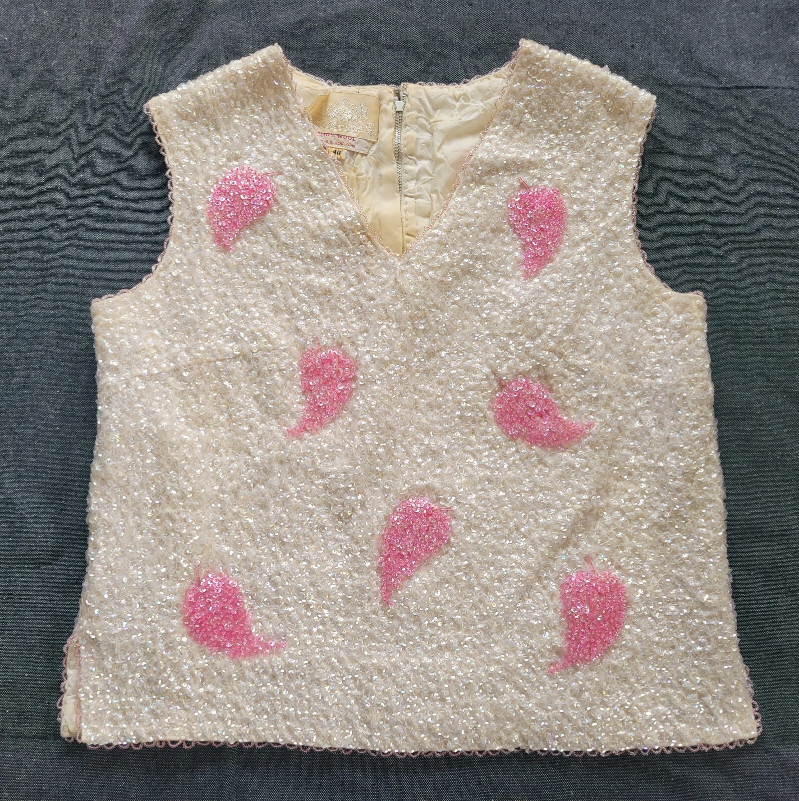 Vintage 1950s House Of Gold Beaded Wool Tank Top Blouse Pink Peppers 40 M Glam