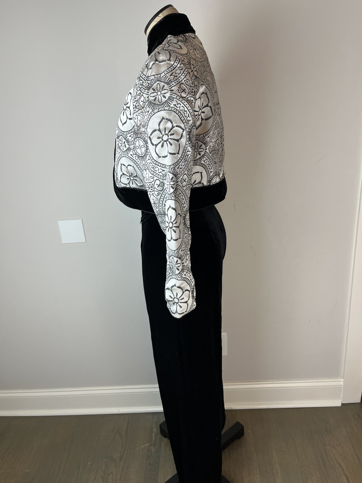 Vintage Cache Velvet Jumpsuit Brocade Jacket Set 6 Black Silver Mesh Midriff