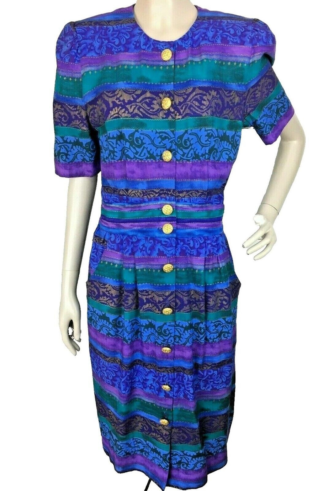 Vintage 80s 90s Positive Attitude Colorful Striped Gold Shirt Dress Size 6