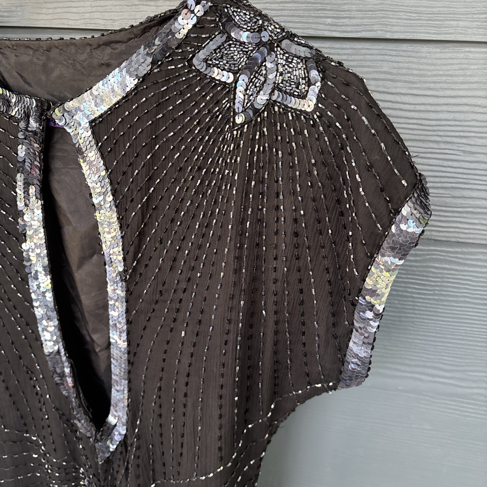 Vintage John Charles London Evening Gown Dress, Black Beaded Sequins, Size US-6