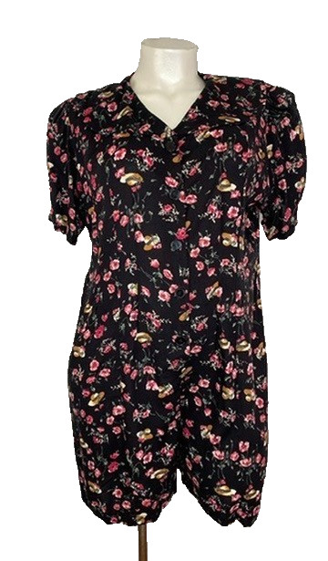 Vintage 1990s black pink romper XXL novelty print hats floral rayon plus size