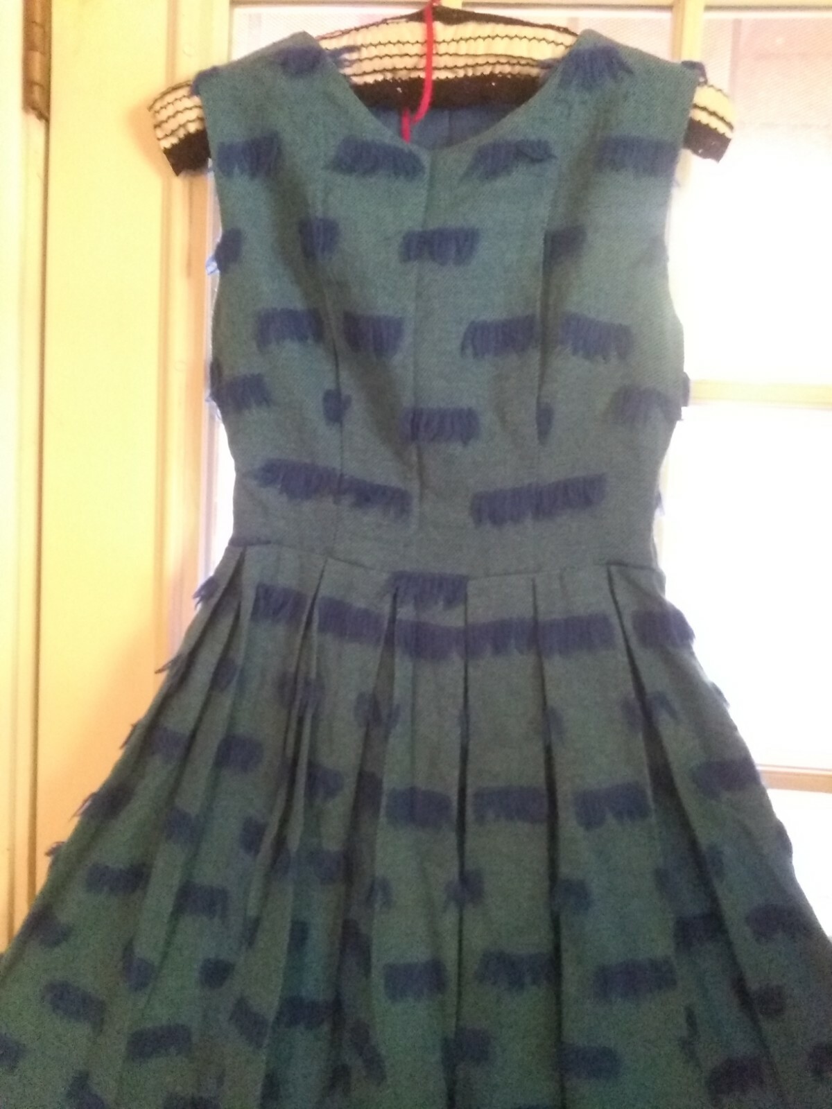 Vintage 40s 50s dress , designer wool fabric, blue tuffs, full pleated skirt