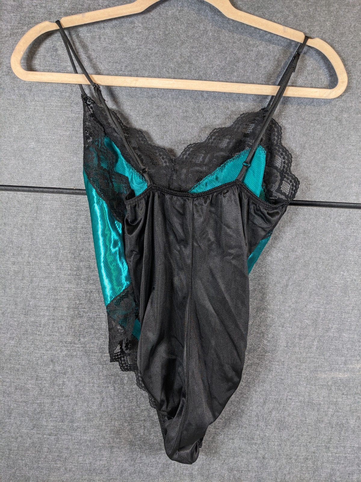 vintage Lady Cameo Dallas satin and lace teddy bodysuit in a teal green color