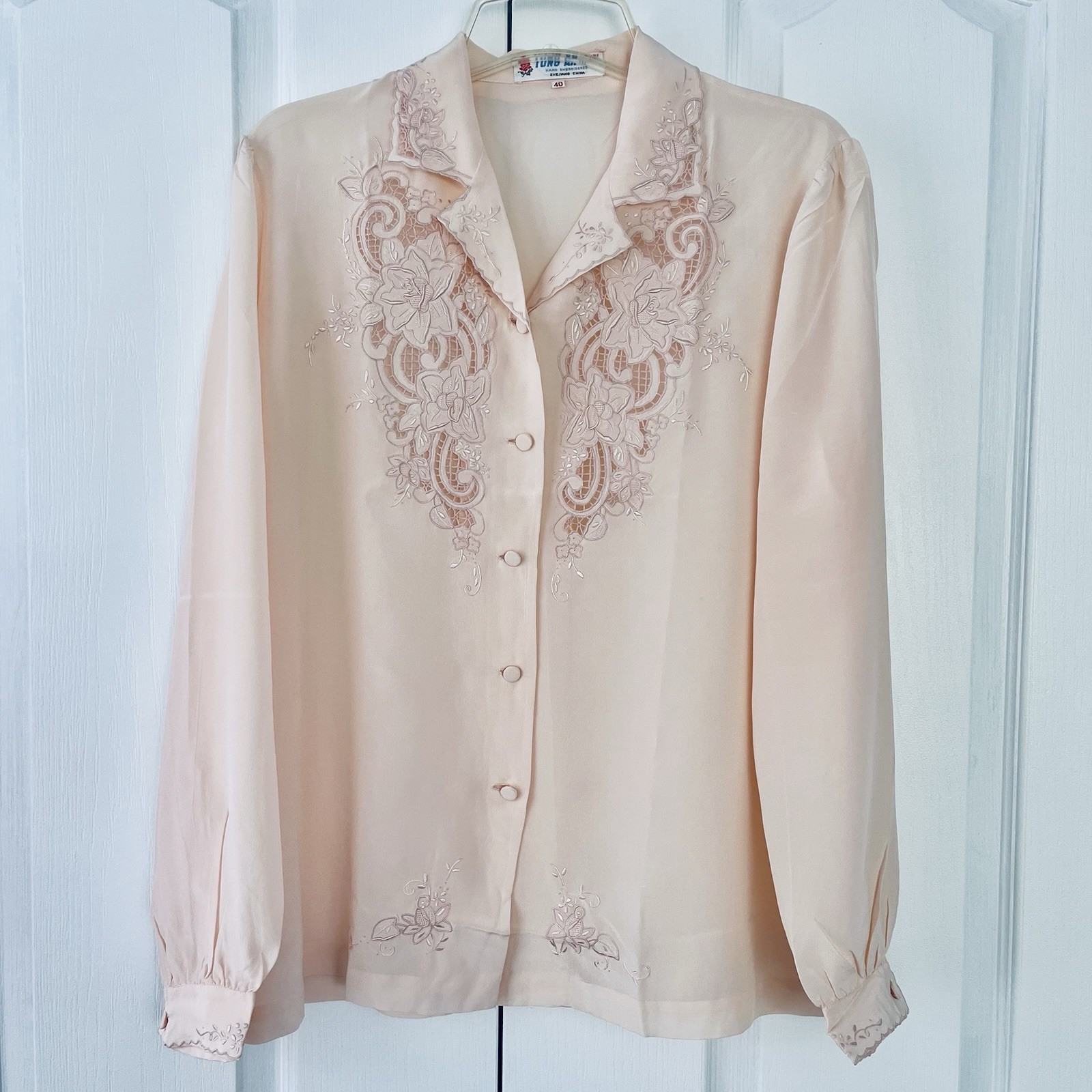 Vtg Tung Ah Chinese 100% Silk Blouse Hand Embroidered Cut Work Sheer Pink 40 (M)