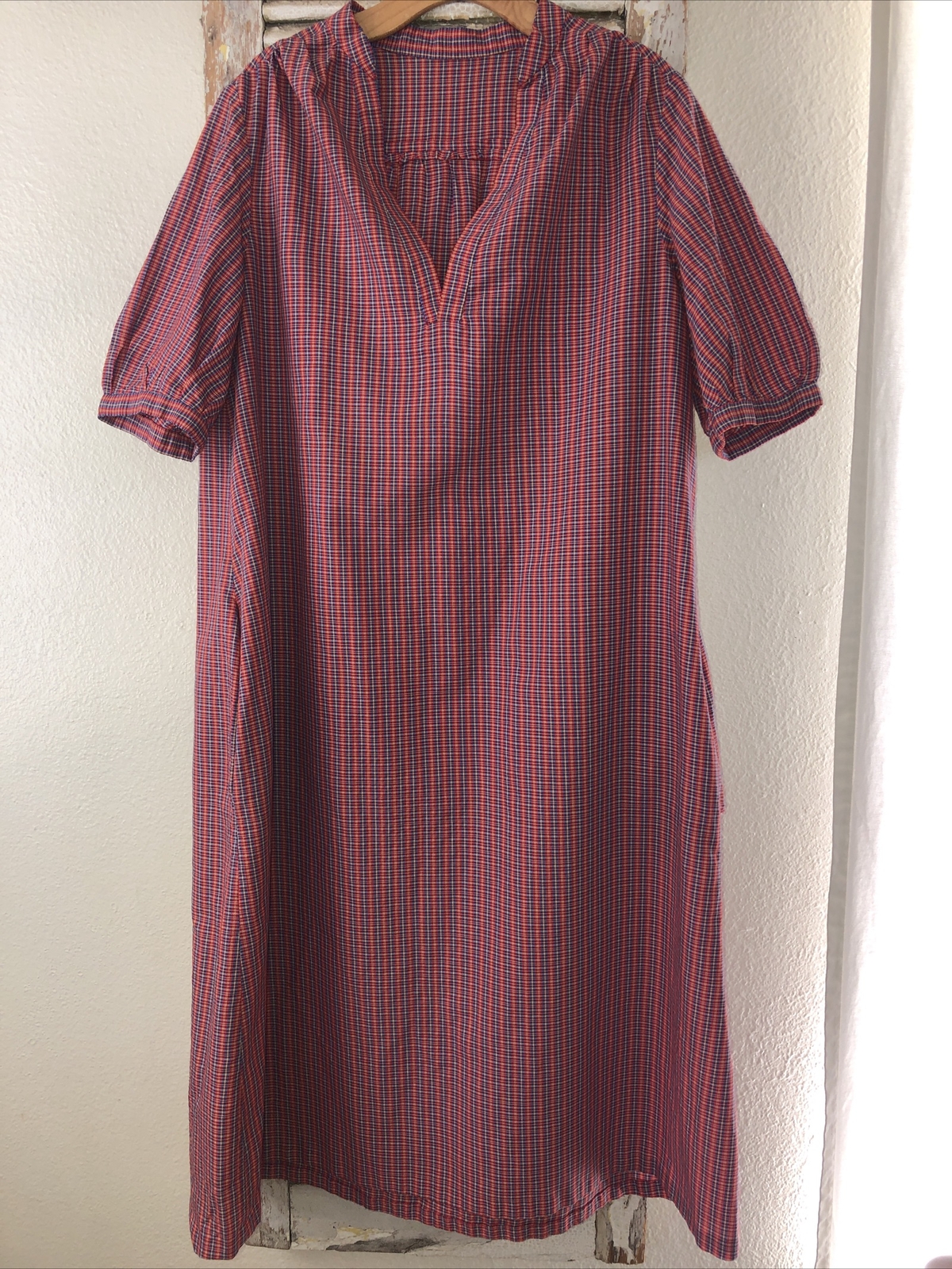 A22 Vintage 70s Handmade Sleeveless Plaid Mini Tunic Dress L/XL Red Blue