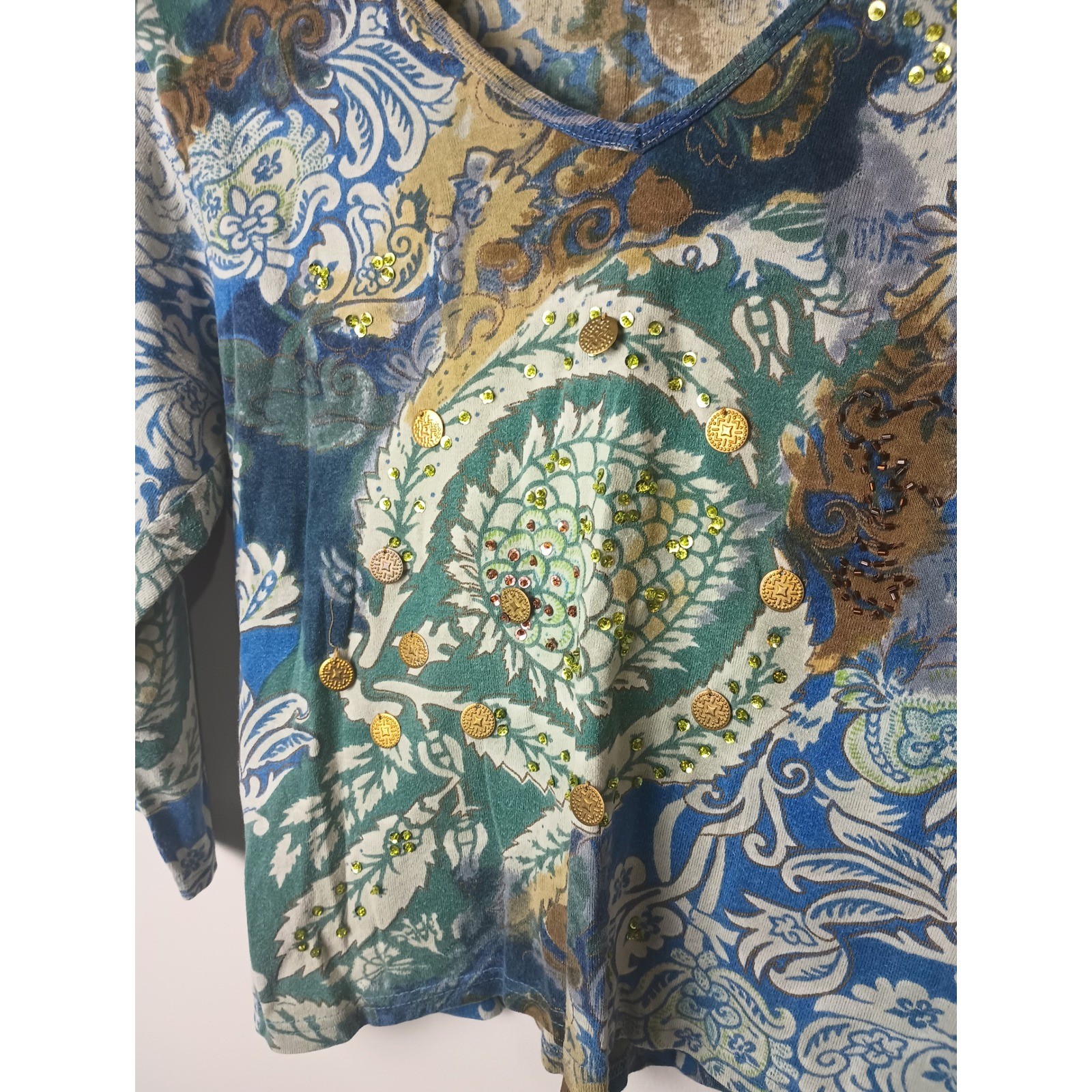 Forbidden Vintage Y2K Goth Fairy Paisley Coin Embellished Cotton Top Blue Large