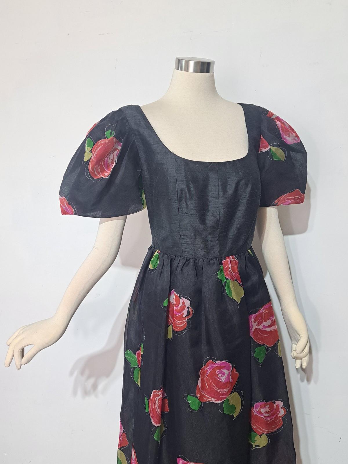 Vintage 1980s Hanae Mori Silk Dress Sz 14 L/XL Floral Roses Cocktail