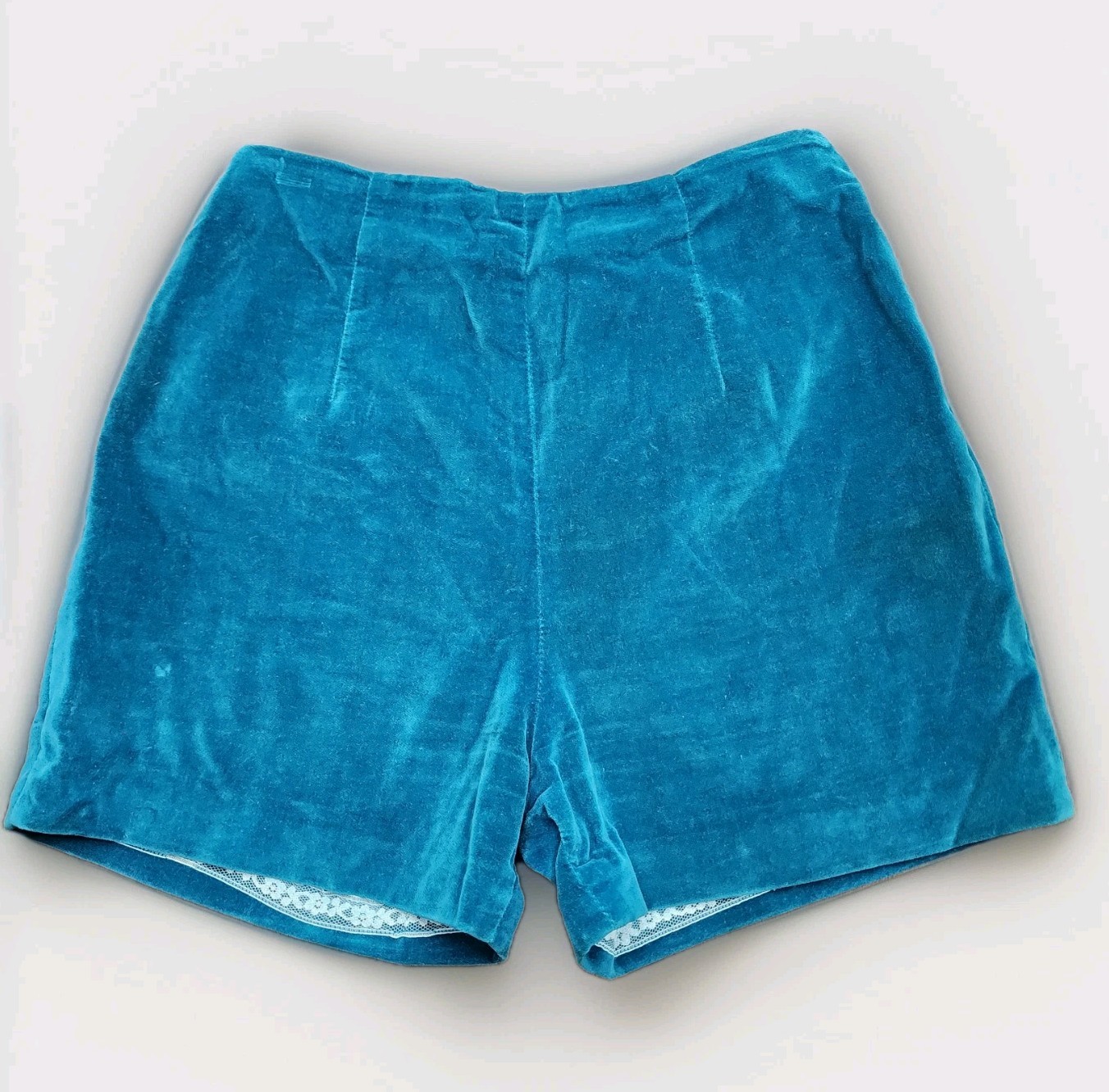 Vtg 60s Mod Go Go Teal Blue Hot Pants Velvet Pin-Up Burlesque Shorts Woodard~XS