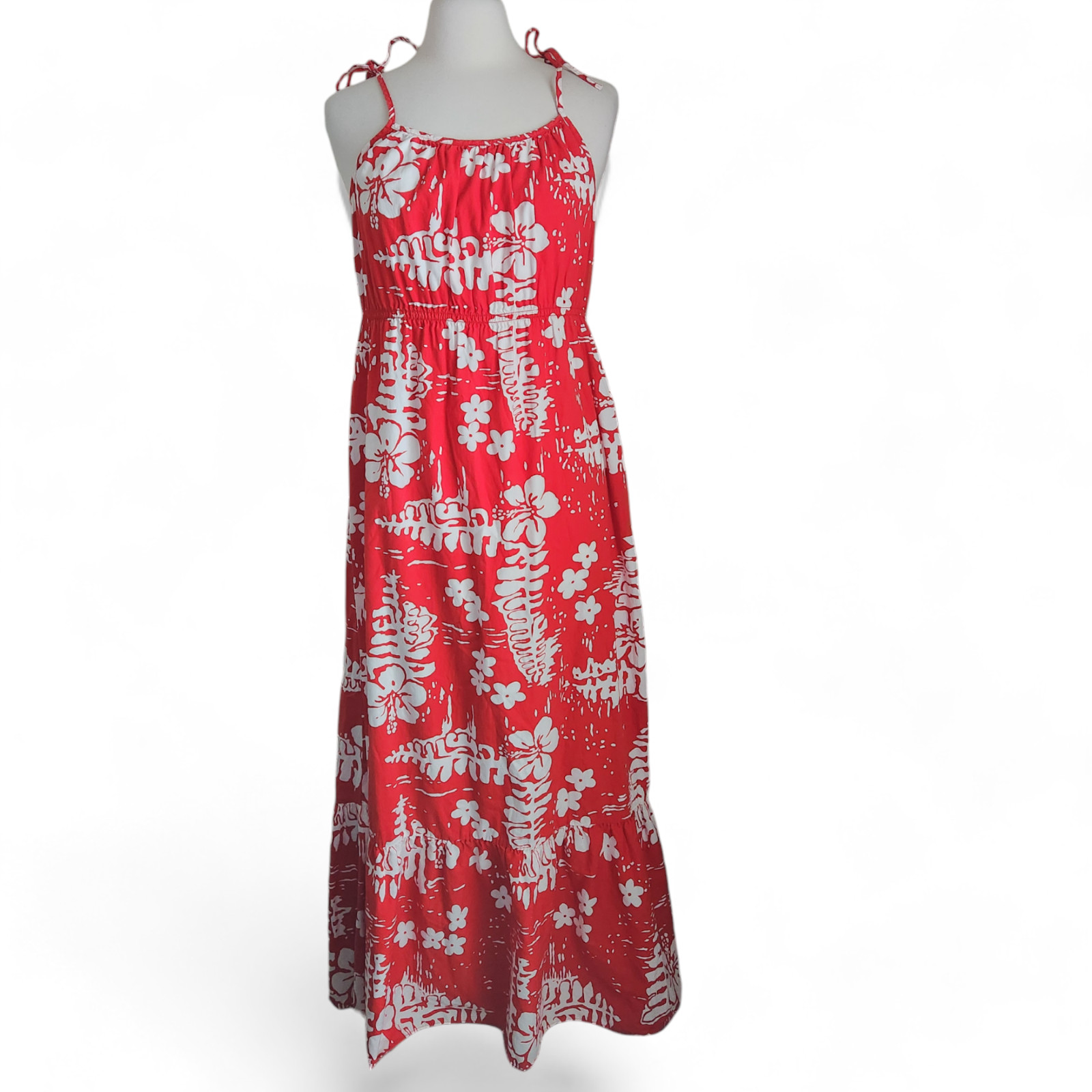 Vintage 1960s Ui-Maikai Royal Hawaiian Maxi Sun Dress Sz L Red & White Hibiscus