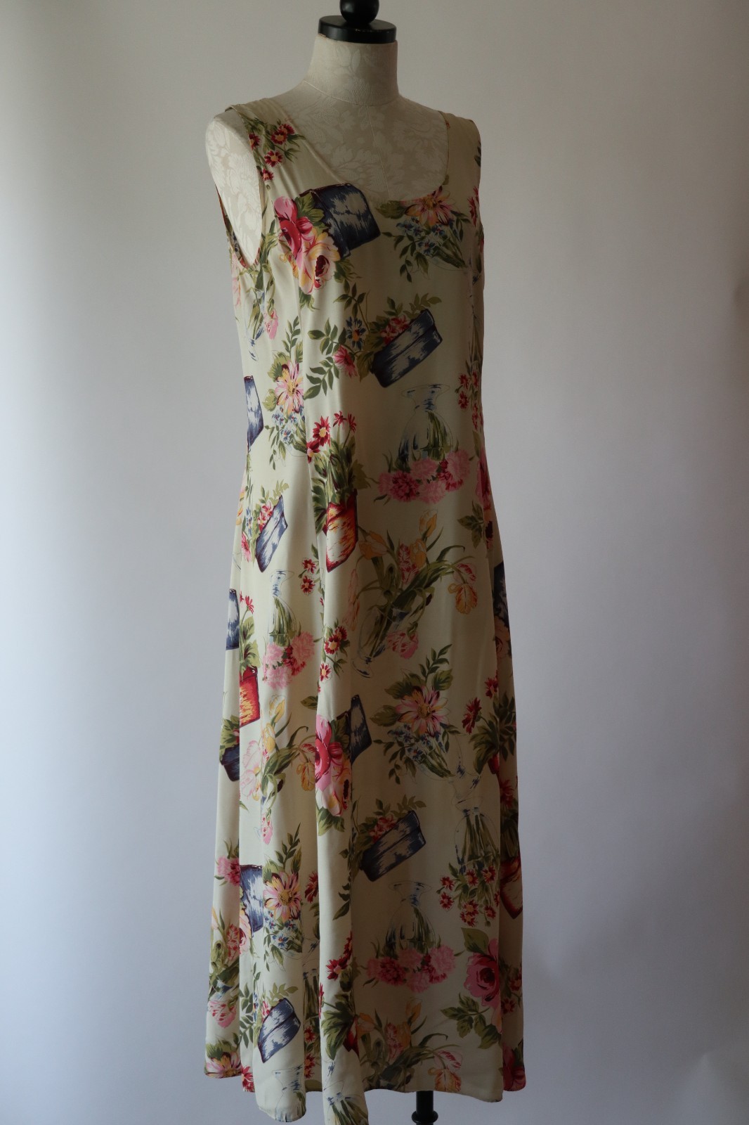 90s Vintage Pastel Garden Plants Pots Sleeveless Long Maxi Sundress Women S M