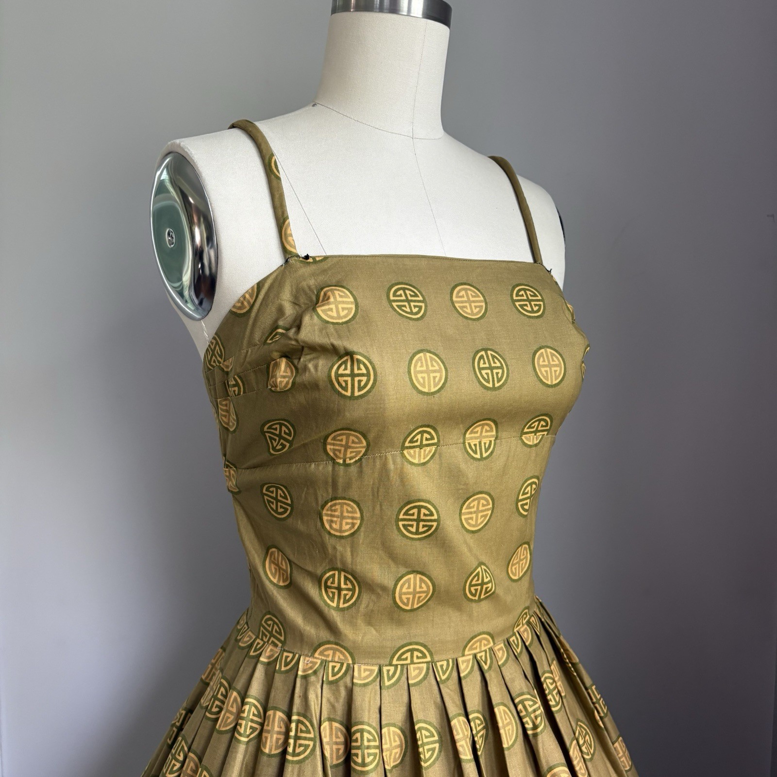 Vintage 1950’s Cotton Chinese Good Fortune Longevity Print Sun Dress Size XS