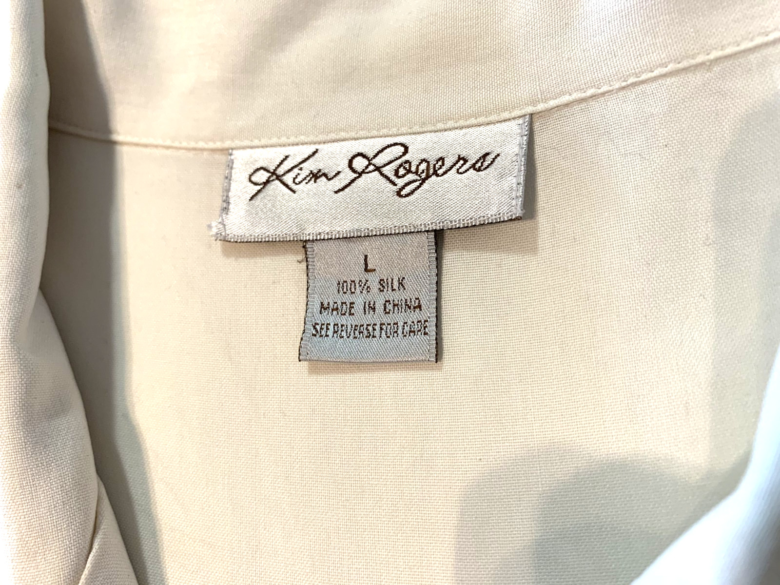 KIM ROGERS Ivory Cream Blouse 100% Silk Short Sleeve Buttons Size Large