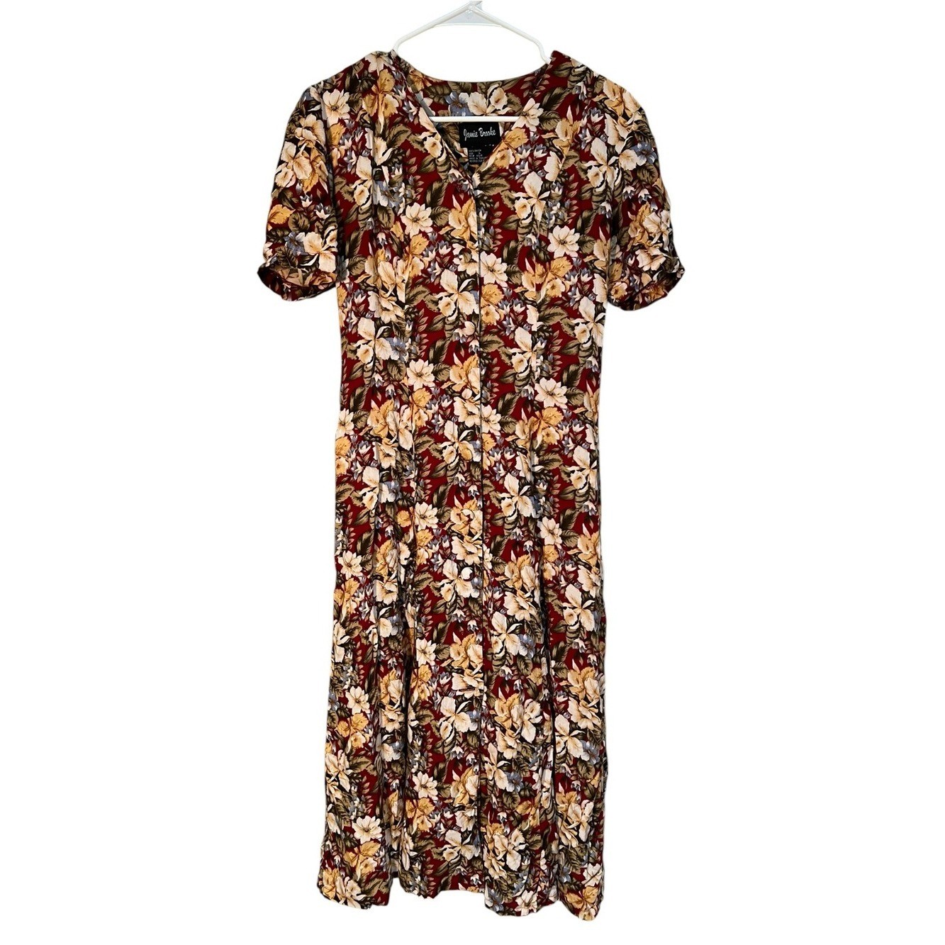 Vintage Jamie Brooke Women’s Size Large Midi Dress Burgundy Floral Button Front