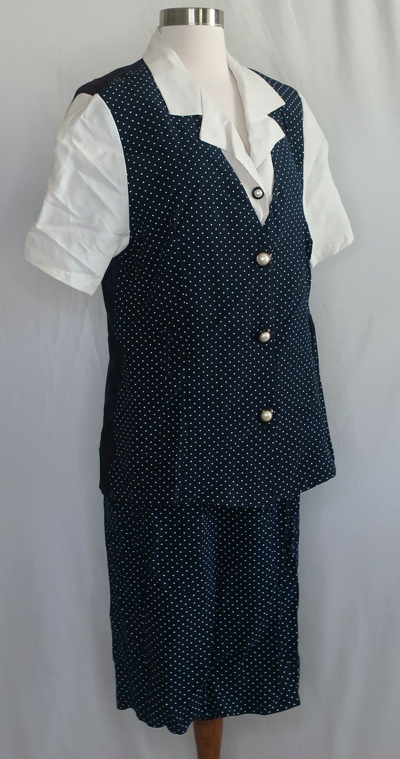 Vtg Whirlaway Frocks Blue White Polka Dots Print Pearl Skirt Suit Sz 12 USA Made