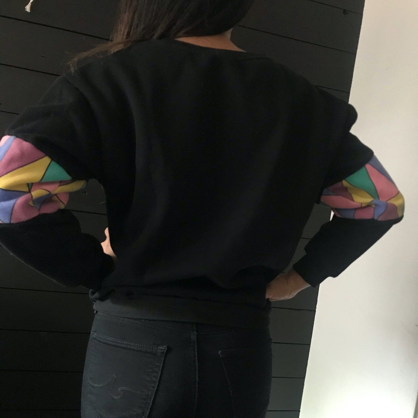 vtg 80s knit black sweatshirt pastel kite boho crewneck pullover small street