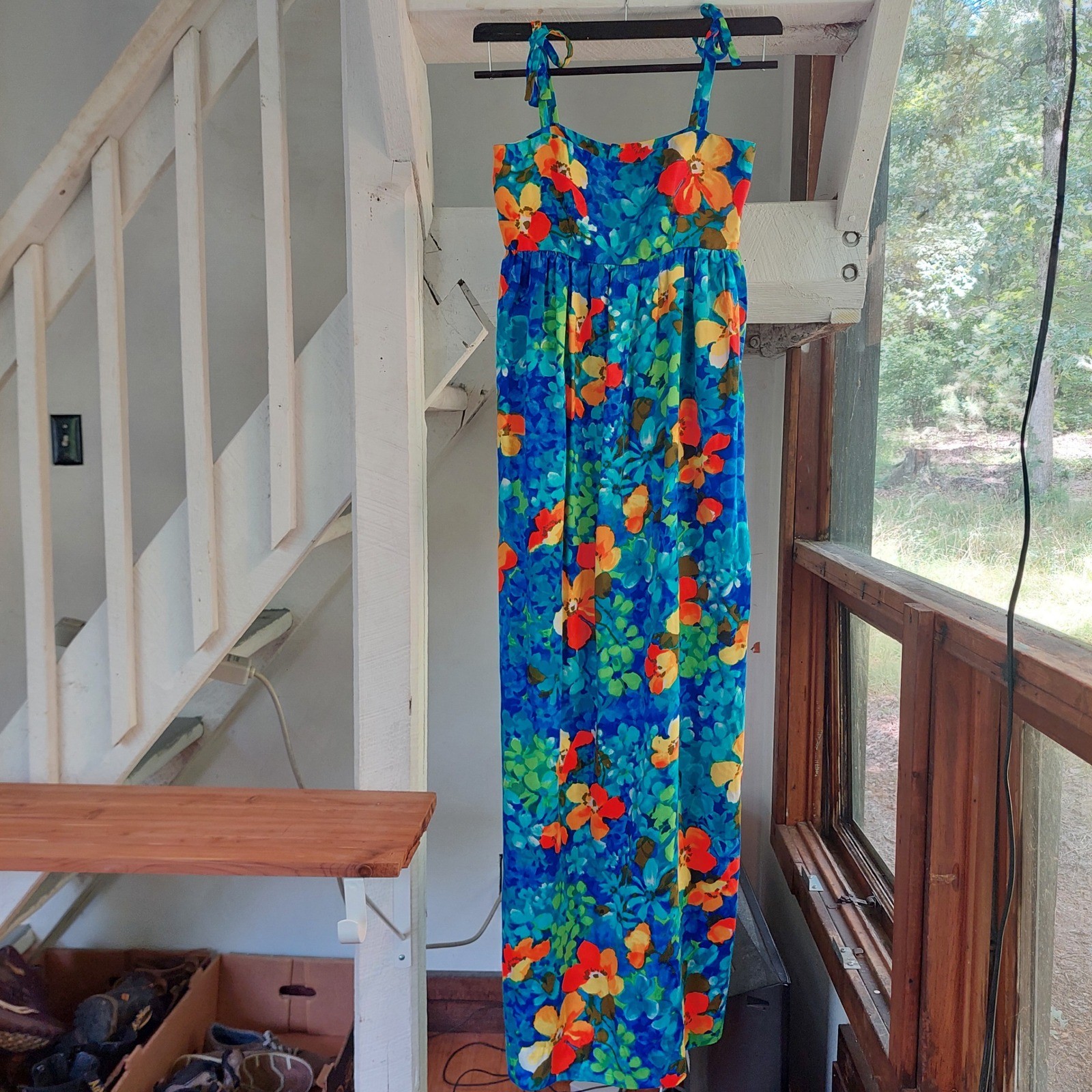 Vintage Floral Maxi Dress Blue Orange Tie Strap Empire Waist Boho Sun Dress