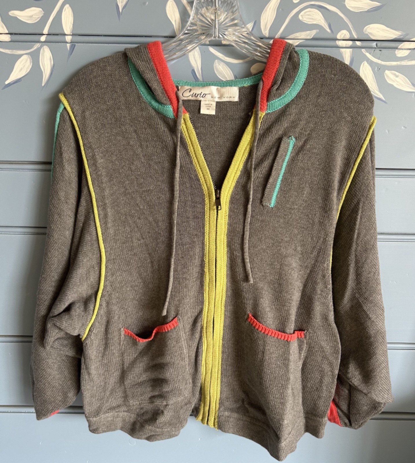 Vtg 90s Streetwear CURIO NY Grey Zipped BOHO Hoodie w Rainbow Trim Sz M NWT $154
