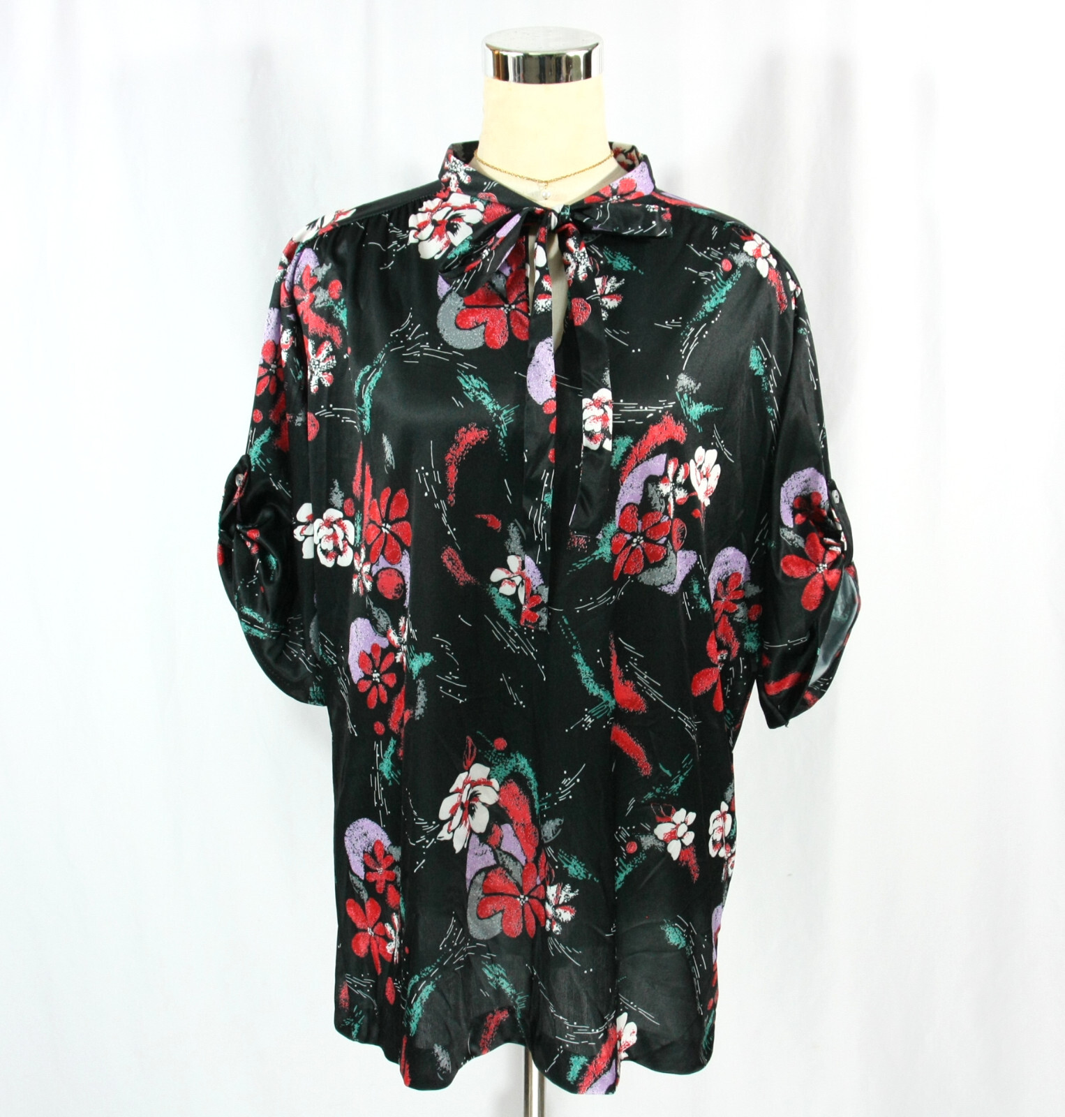 Vintage Red Black Floral Keyhole Bow Neck Tab Sleeve Tunic Top Boho 1970s M L