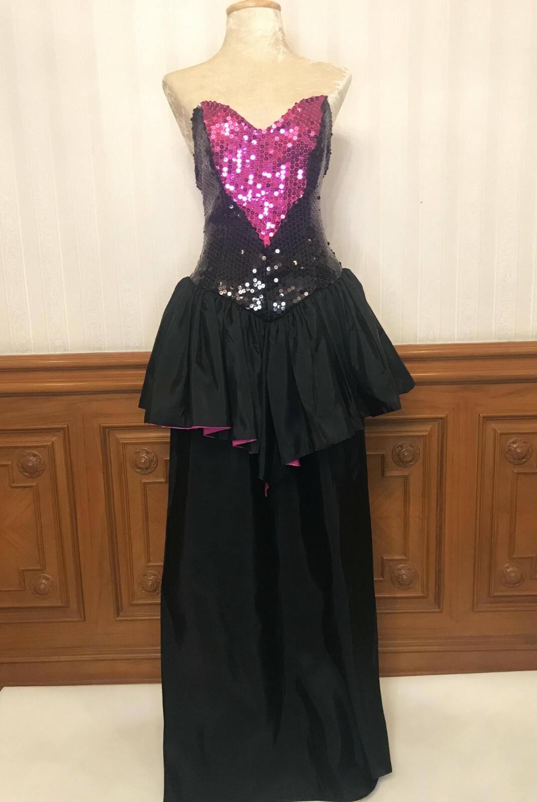 Vintage J Reynolds Strapless Sequins Prom Party Dress Black Pink 11/12 Sz USA