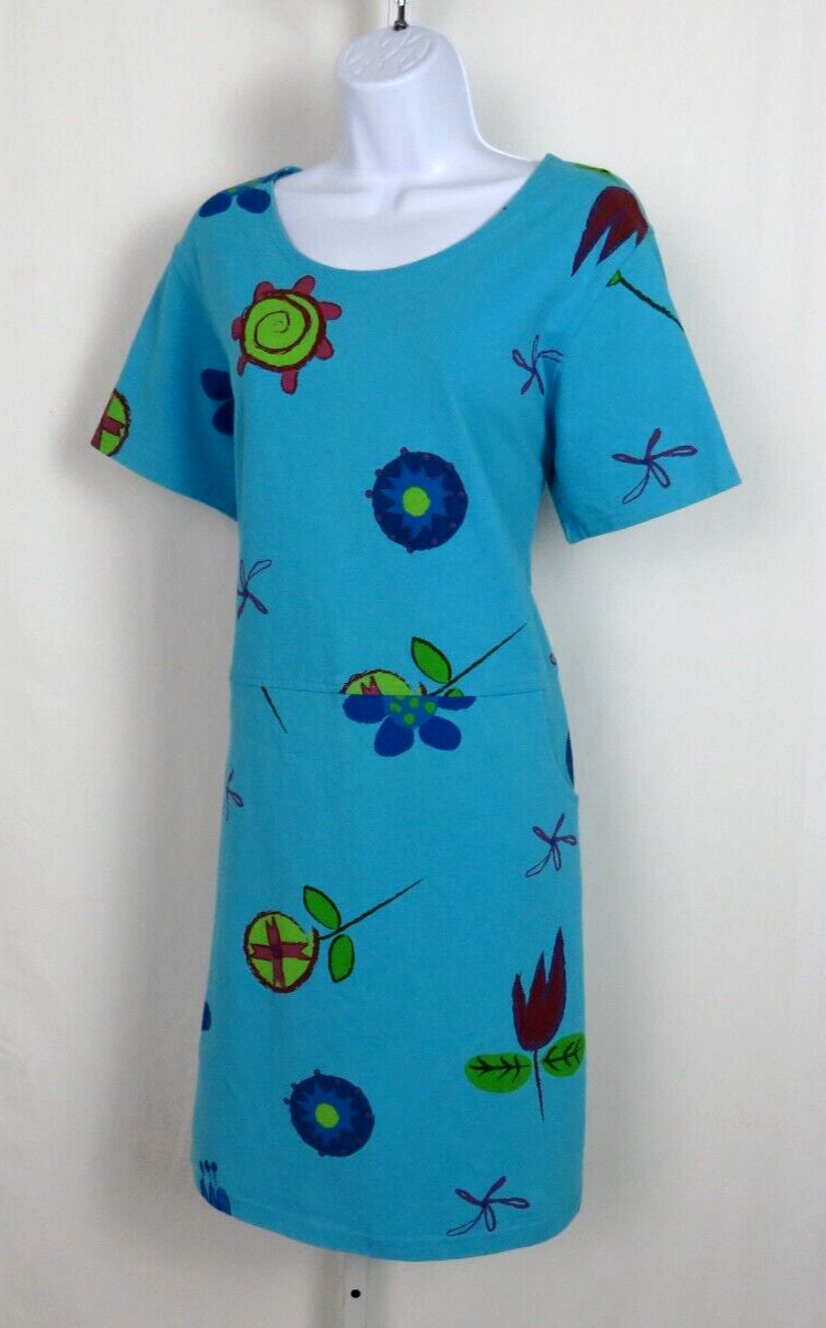VTG 1980s 90s RED GINGER MEDIUM COTTON DRESS MOD FLOWERS ROPE BELT AQUA BLUE