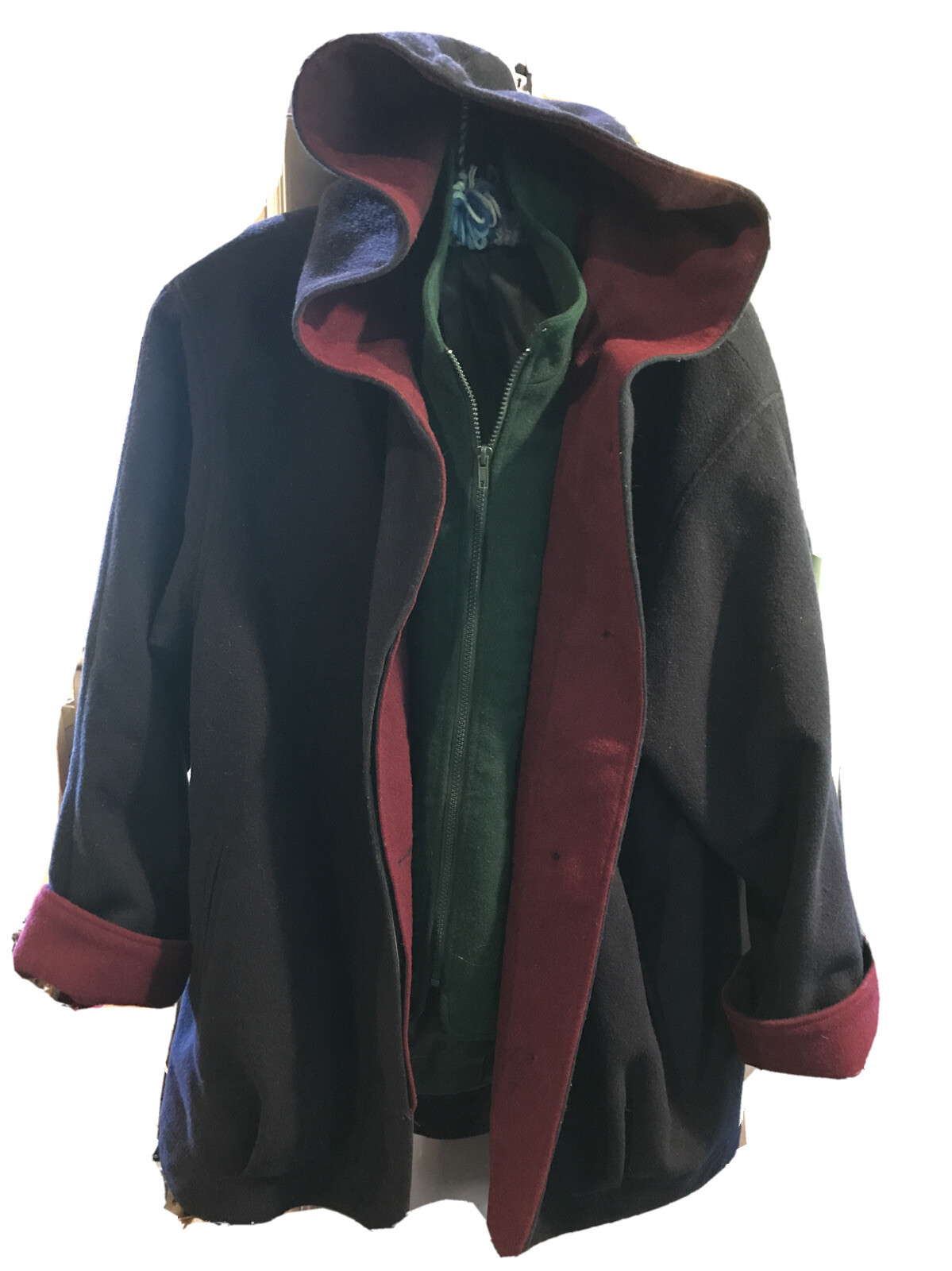 1990s Karizma WOOL Coat 16 Rayon Colorblock Zip/button Roll Cuff Blue Green Hood