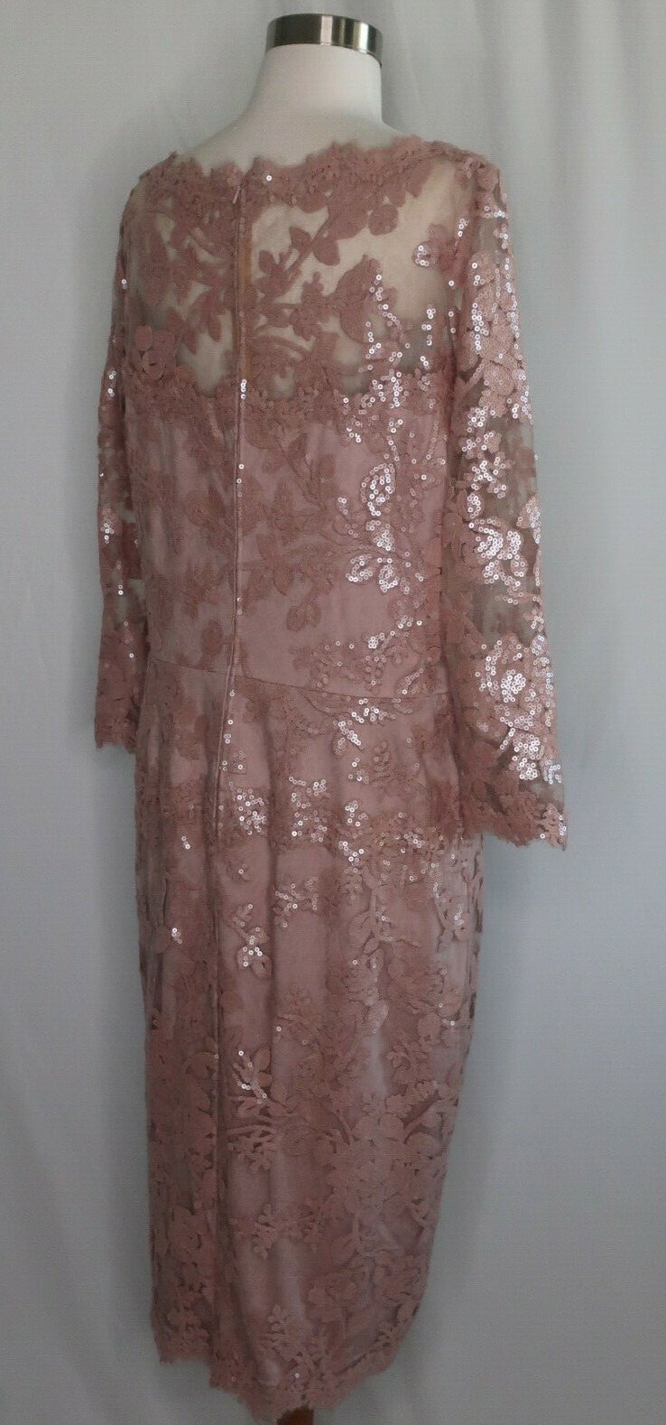 Tadashi Shoji Rose Pink Sequin Lace Floral Sheer Evening Cocktail Dress Sz 16