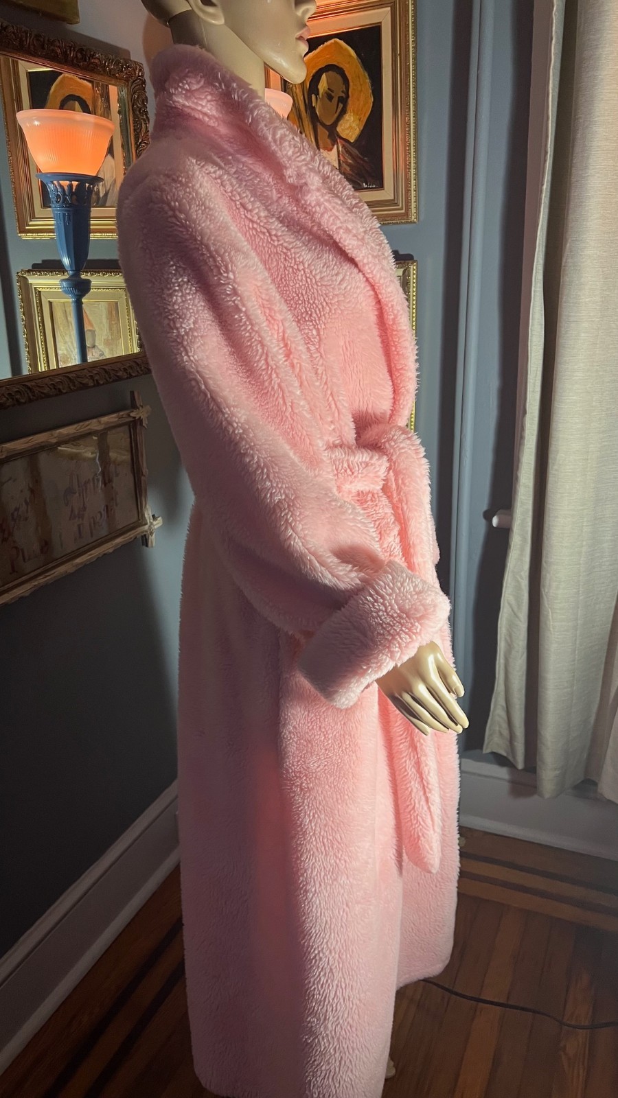 Vintage A Borg Fabric PINK Long Fluffy Furry Plush Robe Medium Made in USA