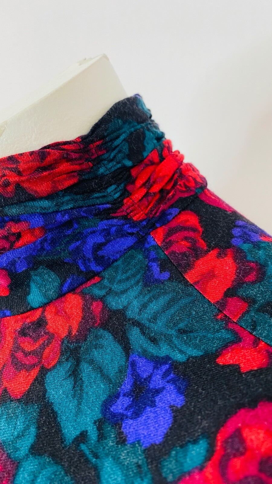 Vintage 1980s red purple floral midi dress, rayon suede waistband Victorian L XL