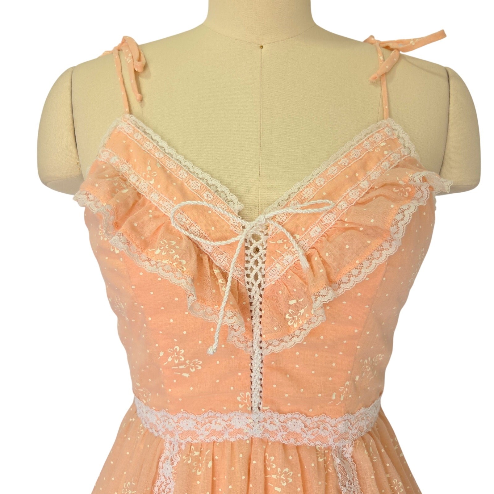 Candi Jones Vintage 70s Prairie Midi Dress Size S 9 Peach Pink Corset Lace Up