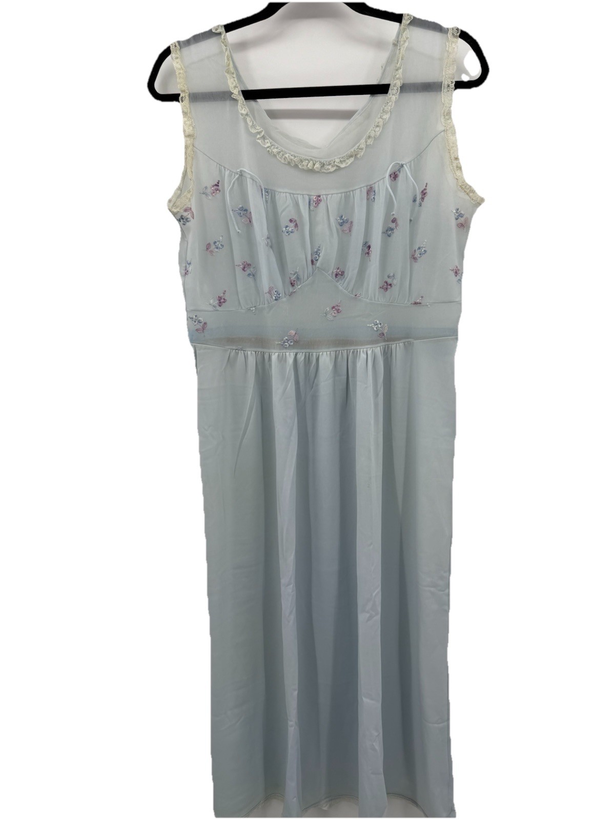 Vintage Dutchmaid Nightgown Sky Blue Semi Sheer Floral Sz 16 Lace Embroidered