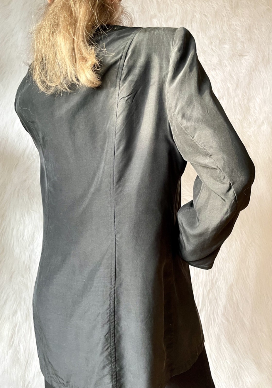 Vtg 80s Jacket 100% Silk Black Jacket Bold Shoulders European Fashion Minimalism