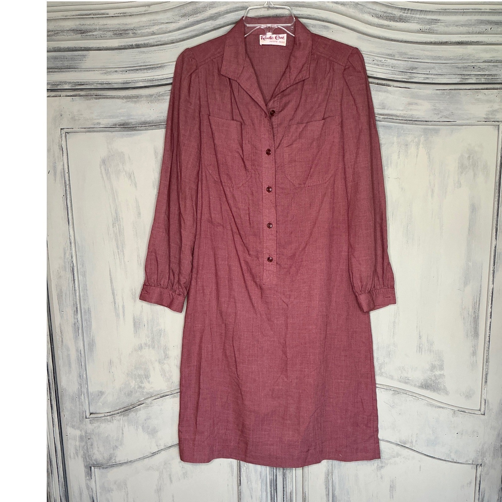 Vintage Route One Shirt Dress Petite Mauve Long Sleeve Button Front Pocket