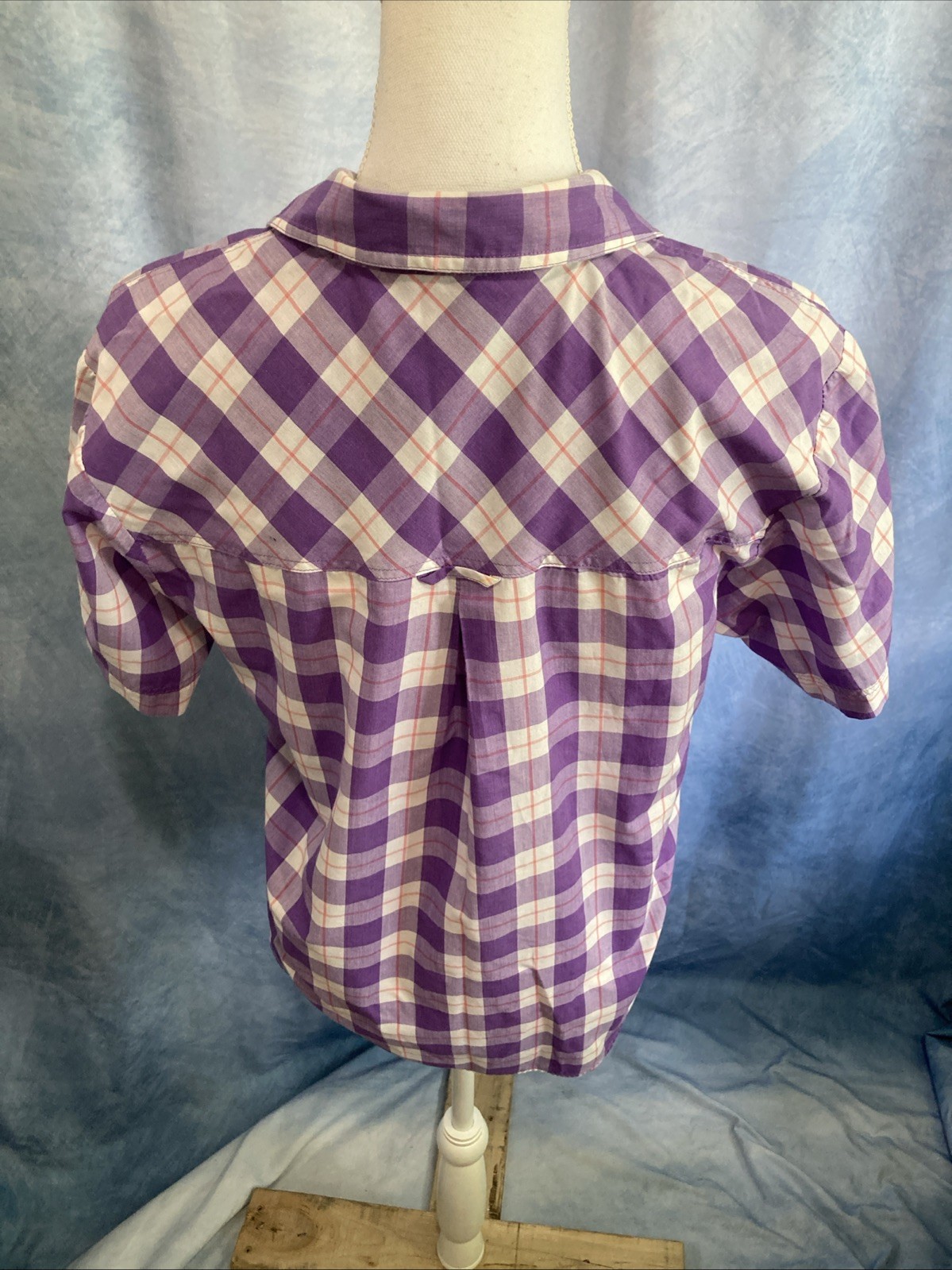 VTG 80s 90s Easton Park Plaid Camp Shirt Blouse Top Purple Gingham Collar Grunge