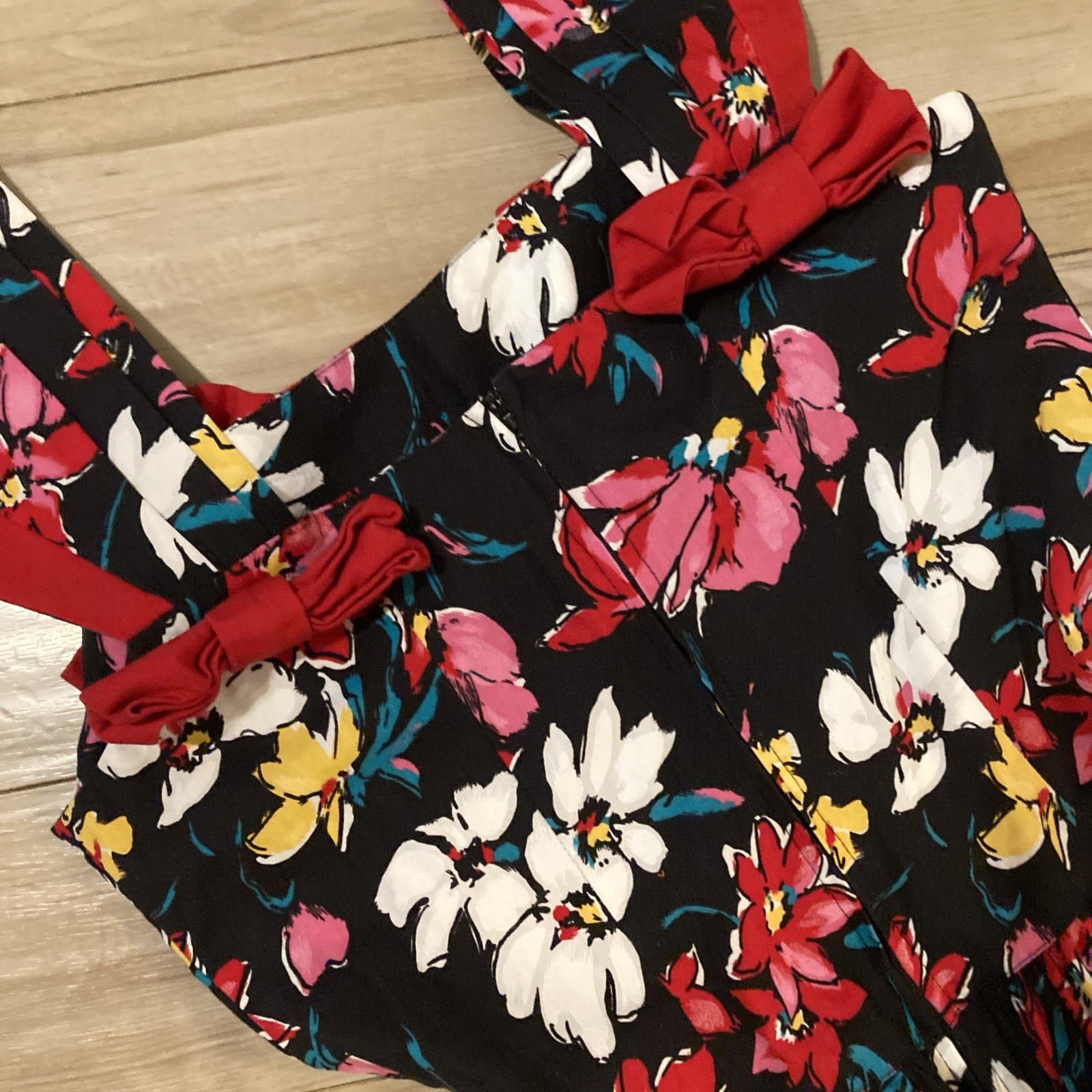 Vintage REO Originals Dress Size 12 / L Black Floral Ribbon Maxi 1970s USA Made