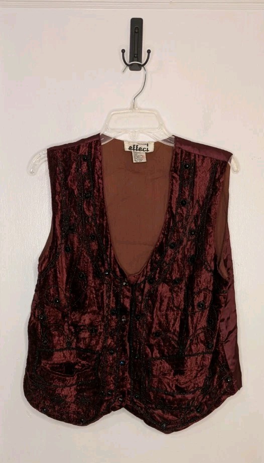 Vtg Creazioni Effeci Velvet Beaded Vest Size Medium Burgundy Whimsigoth Boho