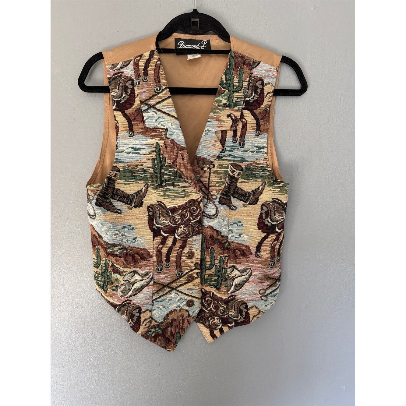 Diamond L Western Wear Tapestry Vest Desert Horses Cowboy Boots Boho Chic Size S
