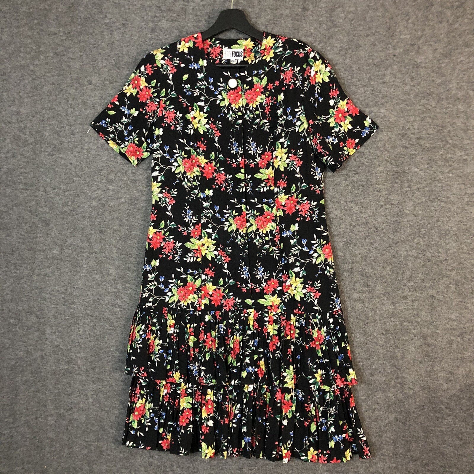 Vintage PETITE FOCUS Dress 10P Black Tiered Floral Knee Prairiecore Fairycore