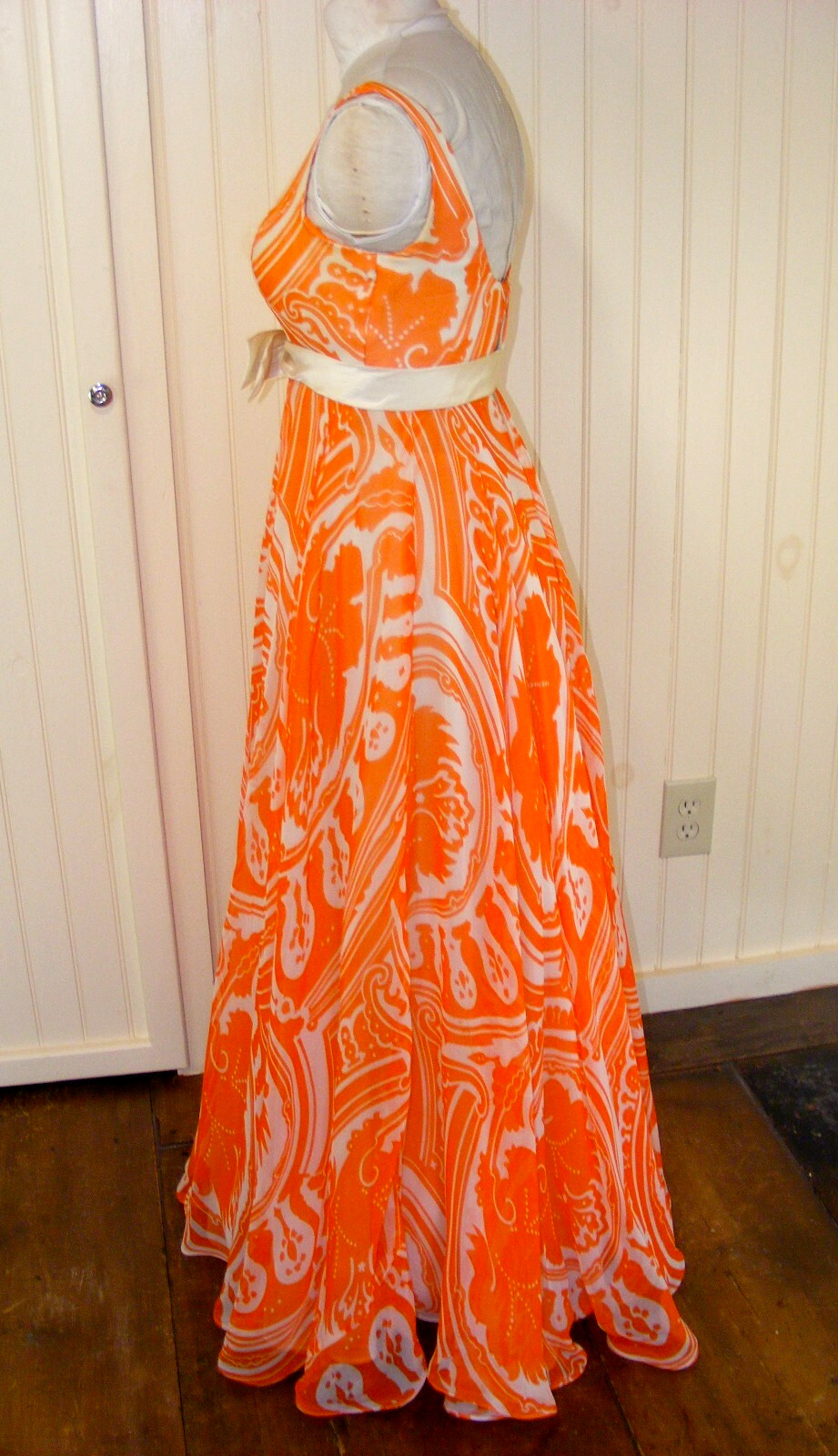 1970 DRESS KIKI HART COUTURE ORANGE WHITE CHIFFON EMPIRE WAIST BALL GOWN SM