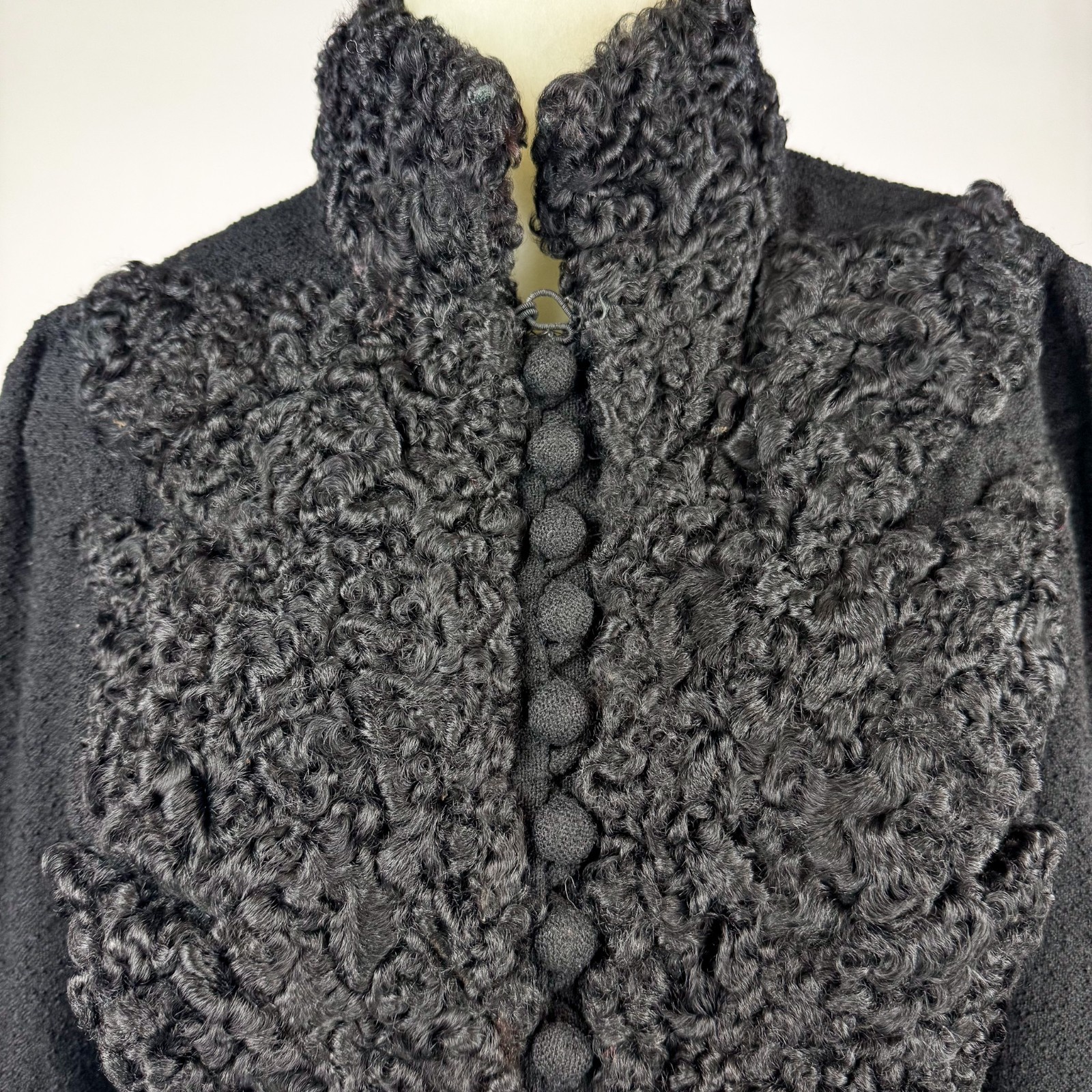 Antique Victorian Mourning Jacket Black Wool Astrakhan Fur High Collar Gothic XS